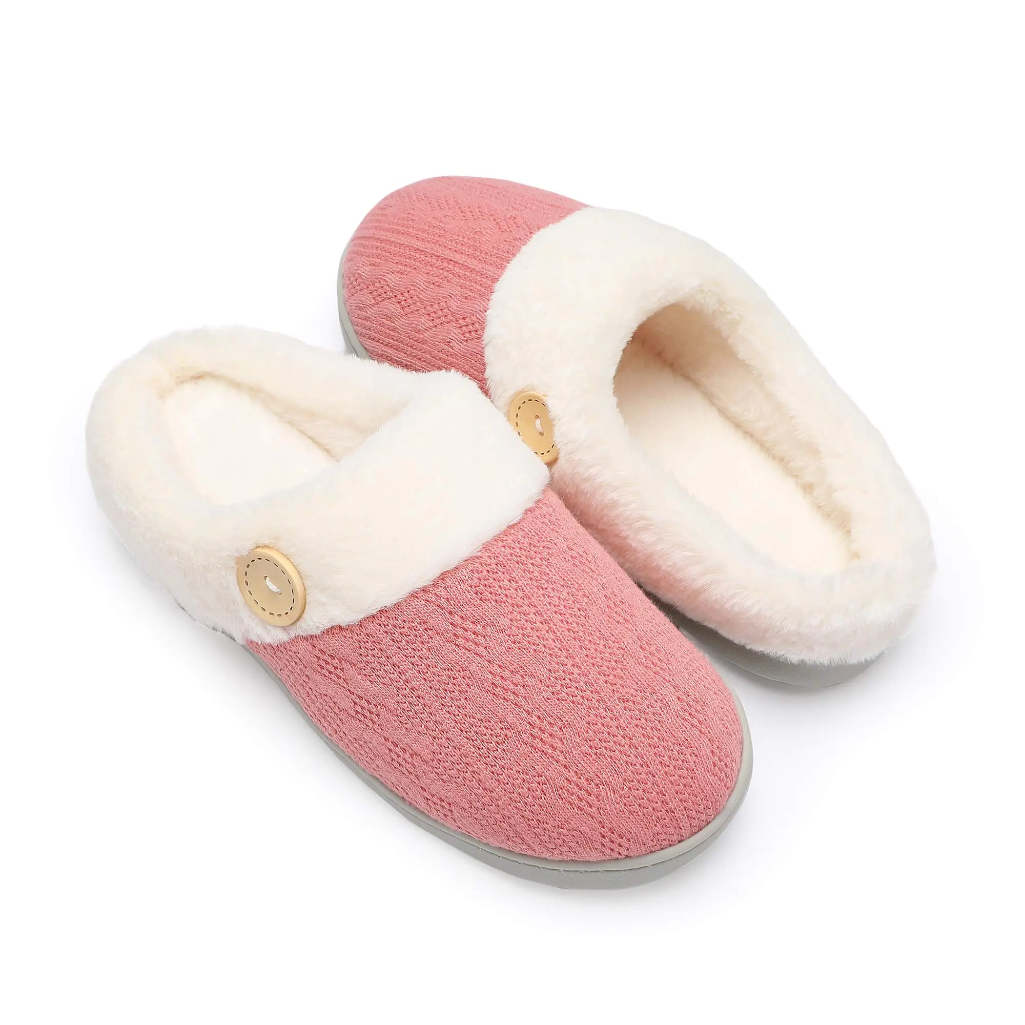 Chantomoo Memory Foam Knitted Slippers Faux Fur Lined Non-Slip Rubber Sole Cozy House Shoes Gift