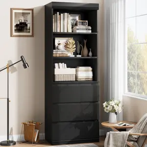 70 Inch Tall Bookcase Cabinet with 3 Deep Storage Drawers and 3 Tier Open Shelves, Modern Wooden Bookshelf Organizer with Anti Tip Kit, Handleless Slanted Drawers and Adjustable Feet for Home Office Living Room Study