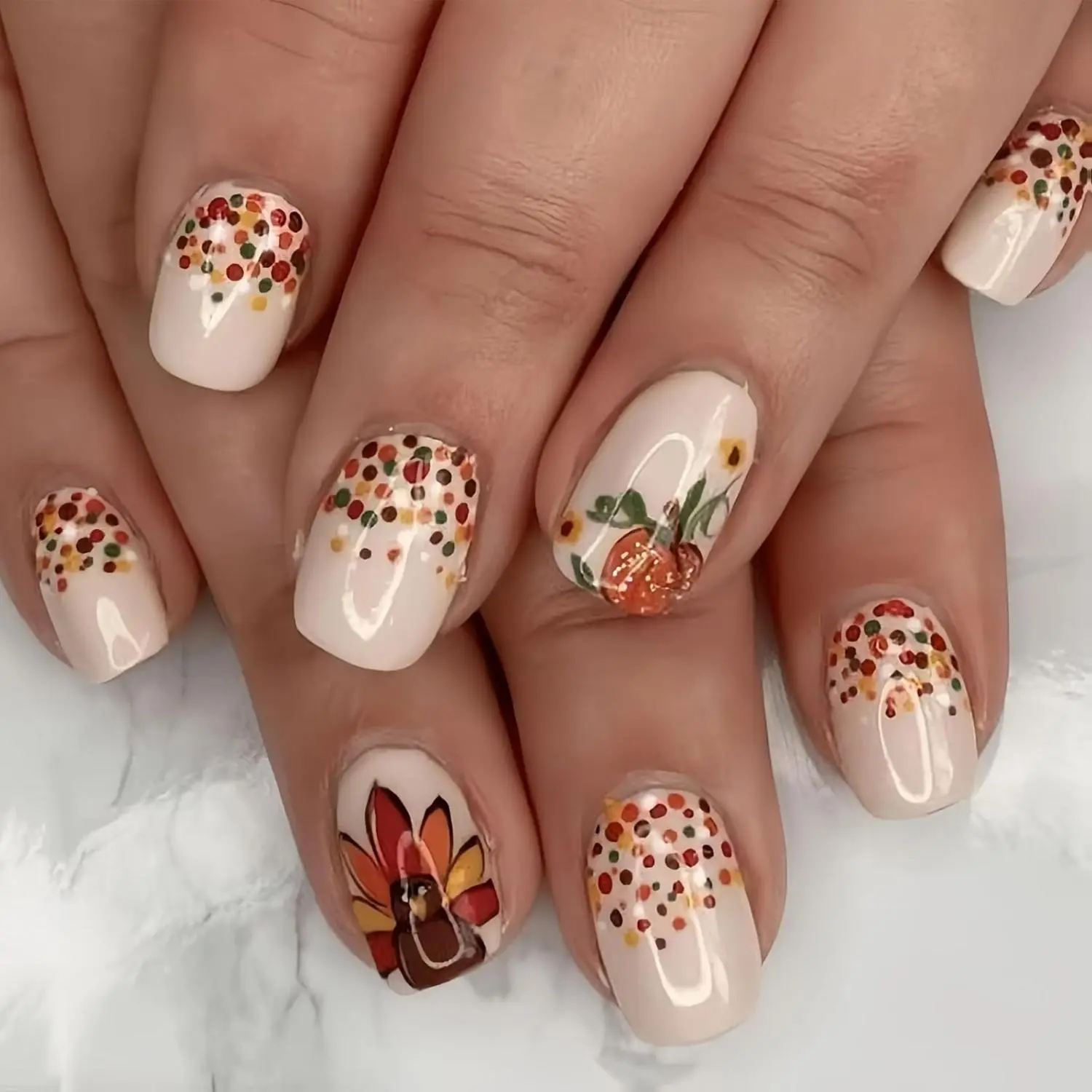 24Pcs Fall Thanksgiving Day Turkey Press on Nails with Glitter Pumpkin Polka Dots Design Acrylic Nails Full Cover Stick on Nails for Women Easy to Use & Reusable