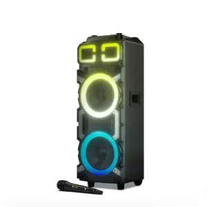 Dolphin SP-3210RBT Dual 10” 100W Bluetooth Party Speaker with LED Lights, X-BASS, WaveSync, Wireless Mic, 6-Band EQ, FM, USB, SD, Portable Wooden Cabinet Sound System