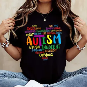 Autism Awareness Colorful Words Print T-Shirt, Casual Loose Fit Everyday Wear, Stylish & Fun, Comfortable, All-Season, Unisex, Ideal for Autism Support Events