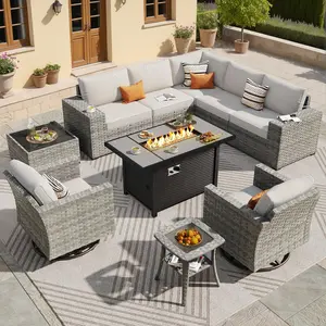 【Summer Vibes】ovios 10 Pieces Patio Furniture Set, Outdoor Wicker Sectional Sofa with 42" Fire Pit Table Swivel Chairs, Modern Modular Deep Seat Rattan Couch Conversation Sets, Beige outdoorfun