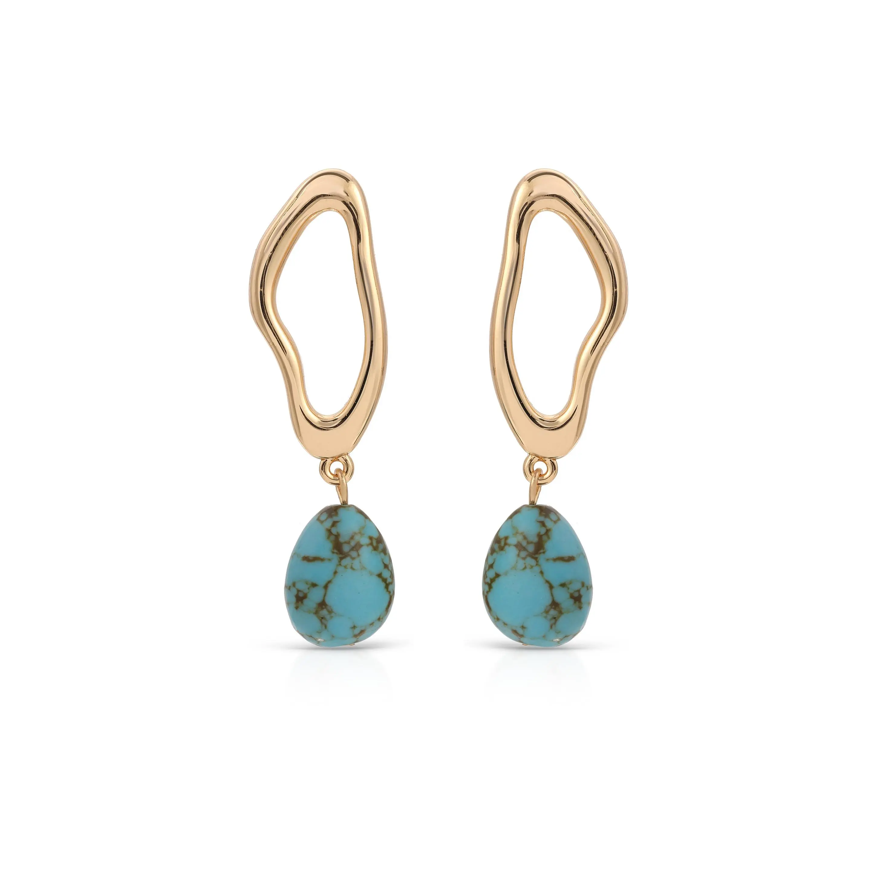 Ettika Open Circle Turquoise Dangle Earrings 18k Gold Plated Hoop Reconstituted Turquoise Stones Fashion Accessories for Women 2 Inches Length Post Closure