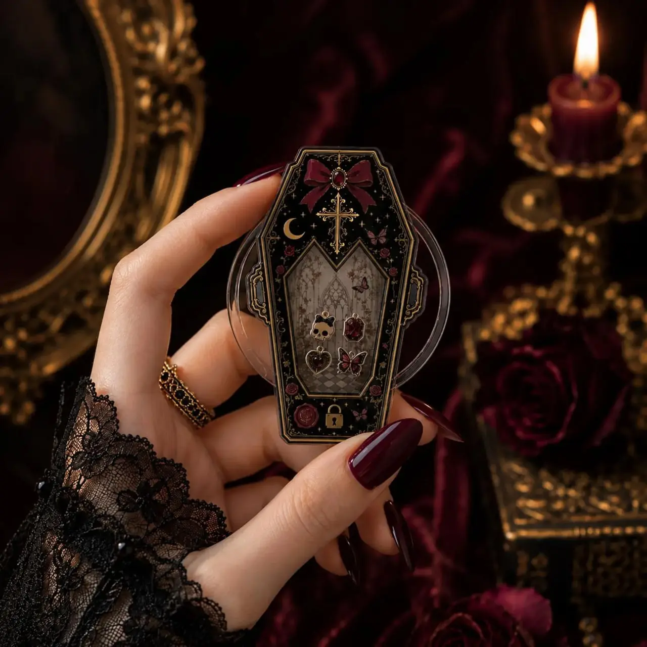 Gothic Coffin Phone Grip Holder Dark Aesthetic Collapsible Stand for Witchy and Spooky Phone Decor Lovers