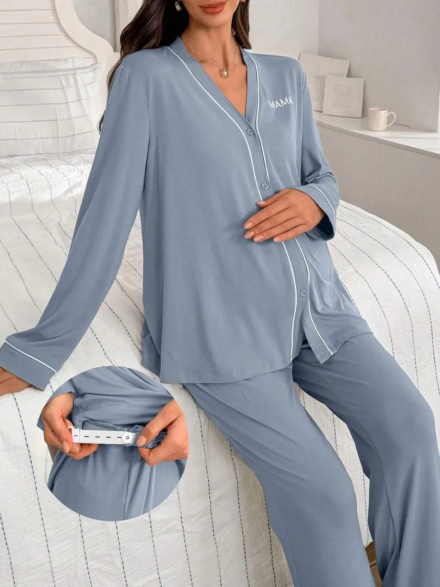 NANCY Maternity Contrast Trim V-Neck Letter Embroidery Long Sleeve Top & Pants Lounge Set Sleepwear Pajama Set Sleepwear Women 2 Pieces Set, Fall & Winter