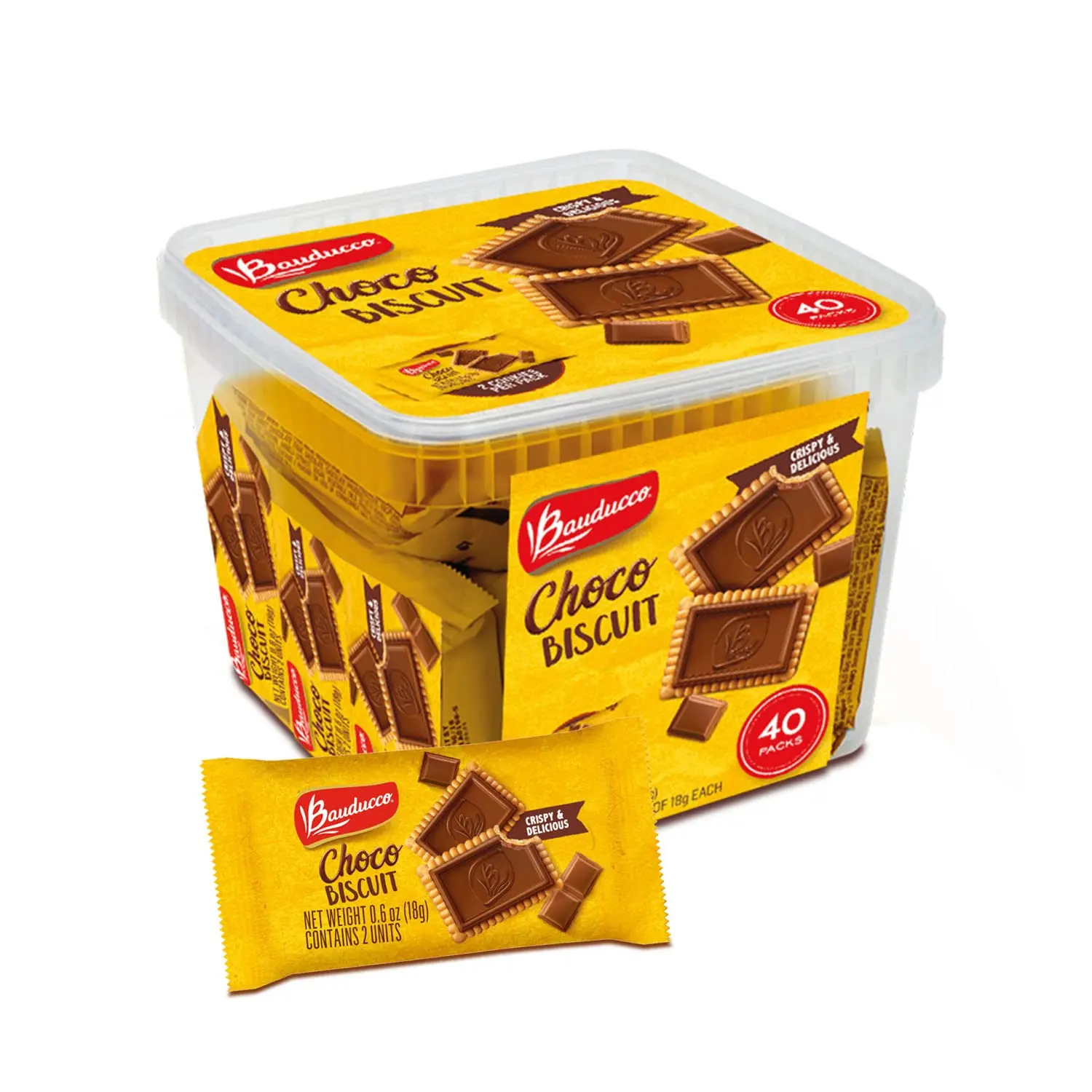 Bauducco Choco Biscuit Cookies -Tub 40 pk - Crispy & Delicious - Great for Snacks, Dessert & Lunch Box – 2 cookies per pack, individually wrapped, 25.3 oz (Pack of 40)