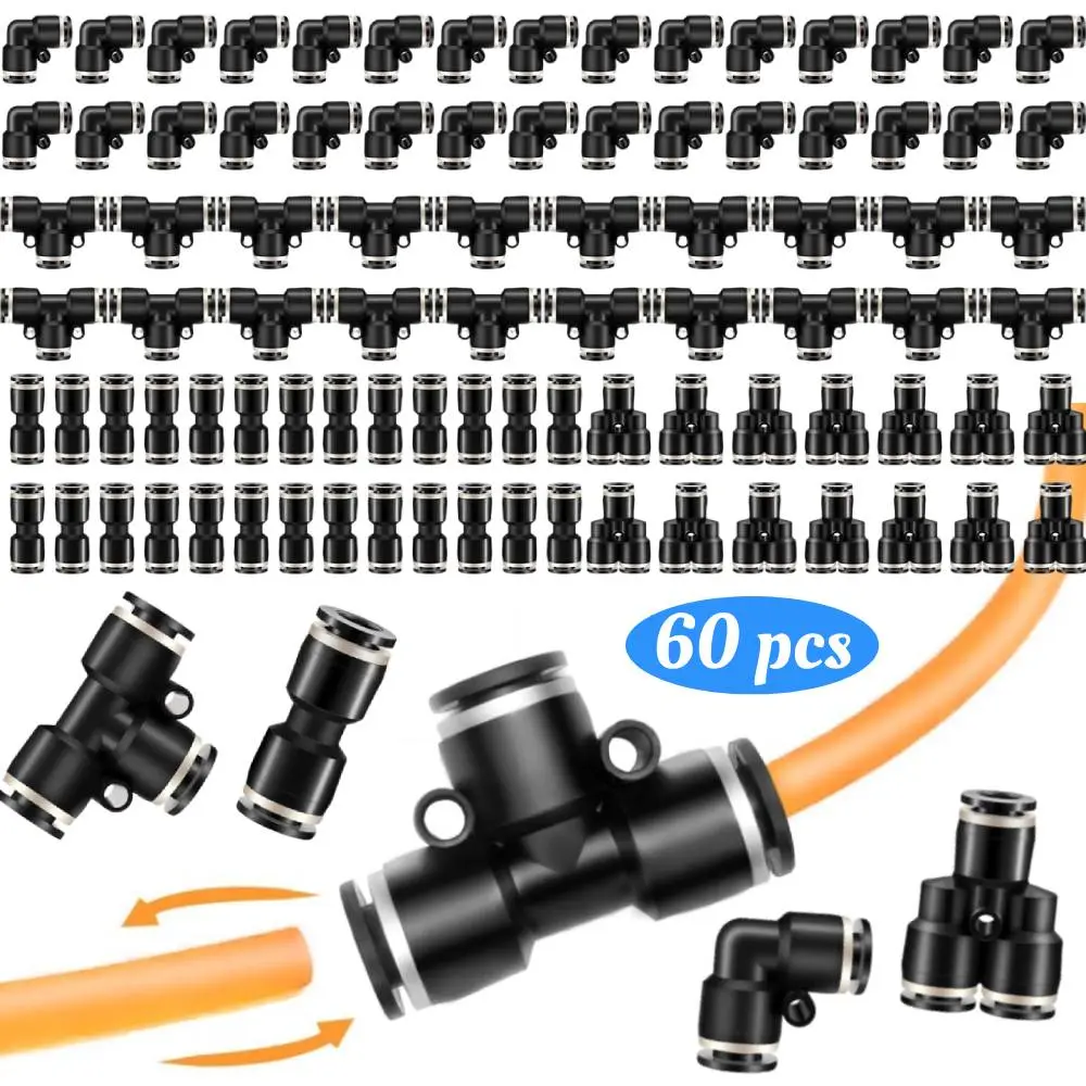 Pack of 60 Push to Connect Fittings Air Line Pneumatic Fittings Kit Quick Release Pneumatic Connectors Air Line Splitters Elbows Tee Straight Tubes(Black,1/4 Inch Od)