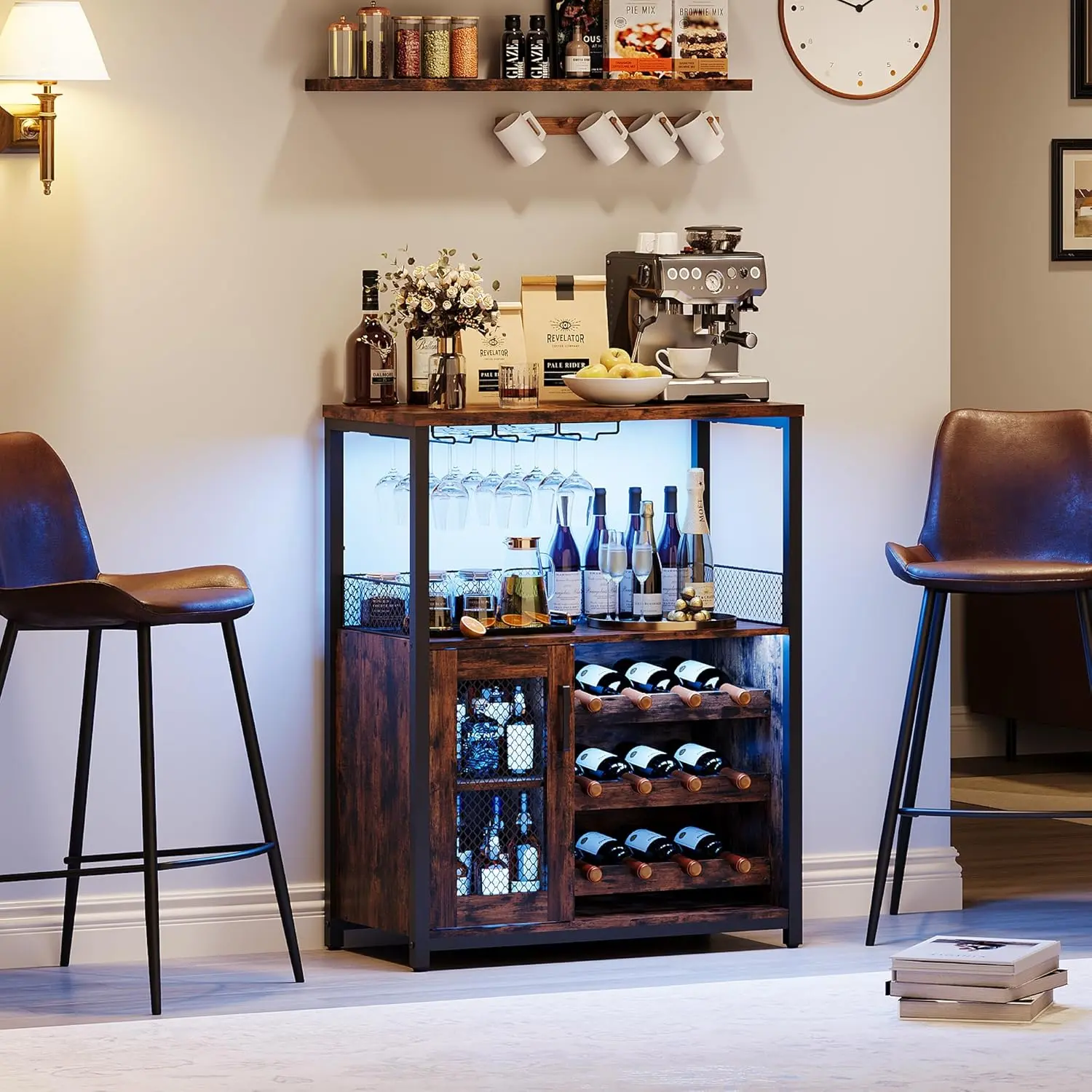 36-in Tall Rustic Wine Bar Cabinet - Built-in LED Lights, Adjustable Shelves, Baffle Pattern Mesh Door, Detachable Parts, Enhances Ambiance, for Coffee Bar Station, Kitchen, Dining Room Use