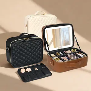 Travel Makeup Bag Cosmetic Organizer with Lighted Mirror 3 Color Scenarios Adjustable Brightness Portable Durable PVC Material