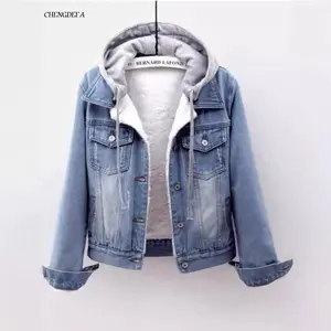 CHENGDEFA Women Denim Cost Hooded Single Breasted Button Jackets Patchwork Outerwear Cardigan Pockets High Street Warm Solid  Casual oversized loose denim jacket Womenswear Chic