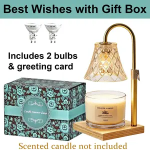Premium Solid Wood Base Gold Diamond Grid Glass Candle Warmer Lamp No Flame Timer Adjustable Home Fragrance Mom Present Housewarming Souvenir