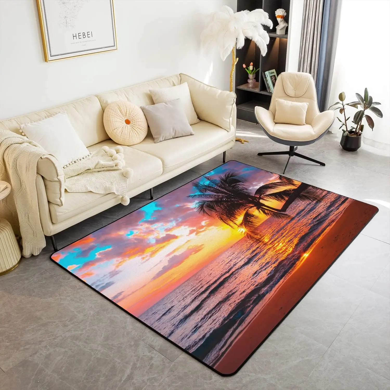 Feelyou Hawaiian Area Rug - Ocean Beach Themed, Unique Design, Tropical Palm Tree Decor, Sea Sun Accents, Non-Slip, Machine Washable Living Room Carpet Mat