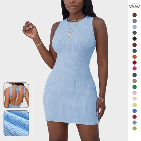 Wenrine Women's Ribbed Bodycon Tank Dress - Backless Sleeveless Tie-Back Knit Mini, Pull-On Chic Classy Casual Outfits, Machine-Washable Cooling Easy-to-Pair Club Dress