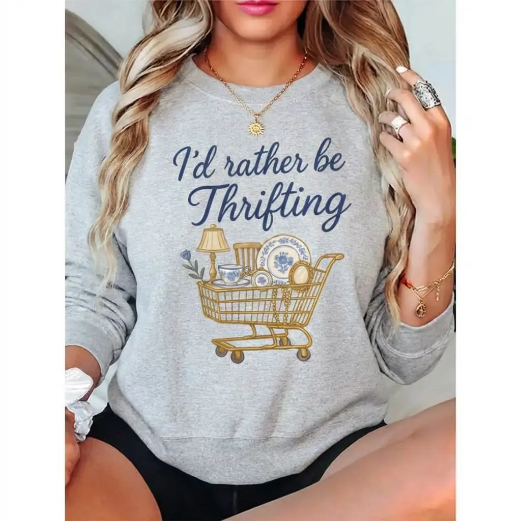 Women's "I'd Rather Be Thrifting" Printed Cotton Apparel, Oversized Crewneck Longsleeves Pullover, Vintage Antique Cart Graphic Sweatshirt, Casual Fit Top for Flea Market Thrift Shoppers