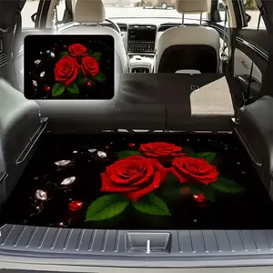 1pc Elegant Red Rose & Black Diamond Print Car Trunk Mat with Non-Slip Backing, Fit for SUVs, Sedans, Trucks - Heavy-Duty Machine Washable Trunk Organizer, All-Weather Protection, Scratch-Resistant Cargo Liner, Luxury Auto Interior Accessory (Red Ro