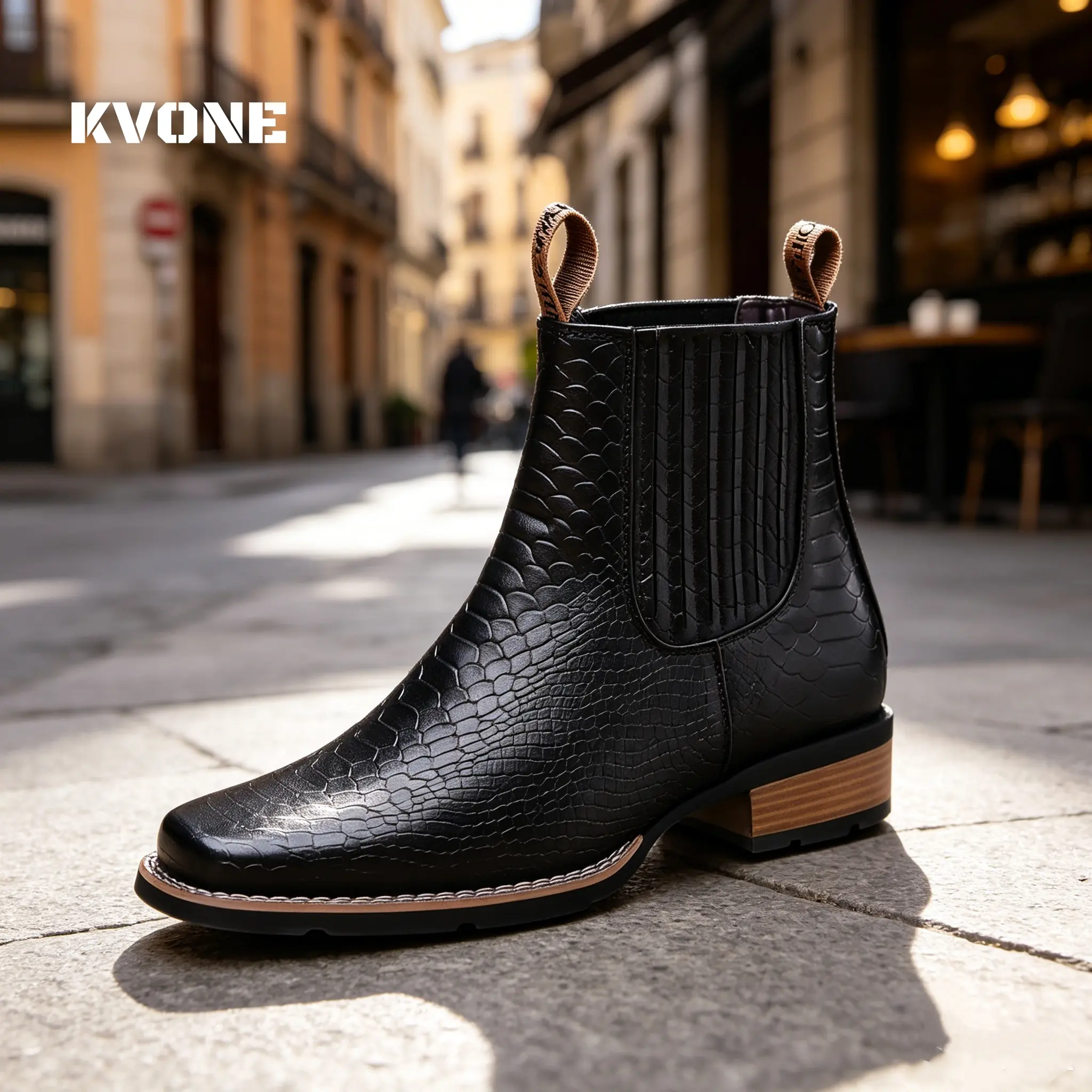 KVONE-Versatile Men's Chelsea Boots,Crocodile Pattern square-toe chelsea work ankle boots, British Retro Leather Boots, Versatile for Various Occasions,comfortable security footwear, outdoor casual closed-toe style Walking Shoes