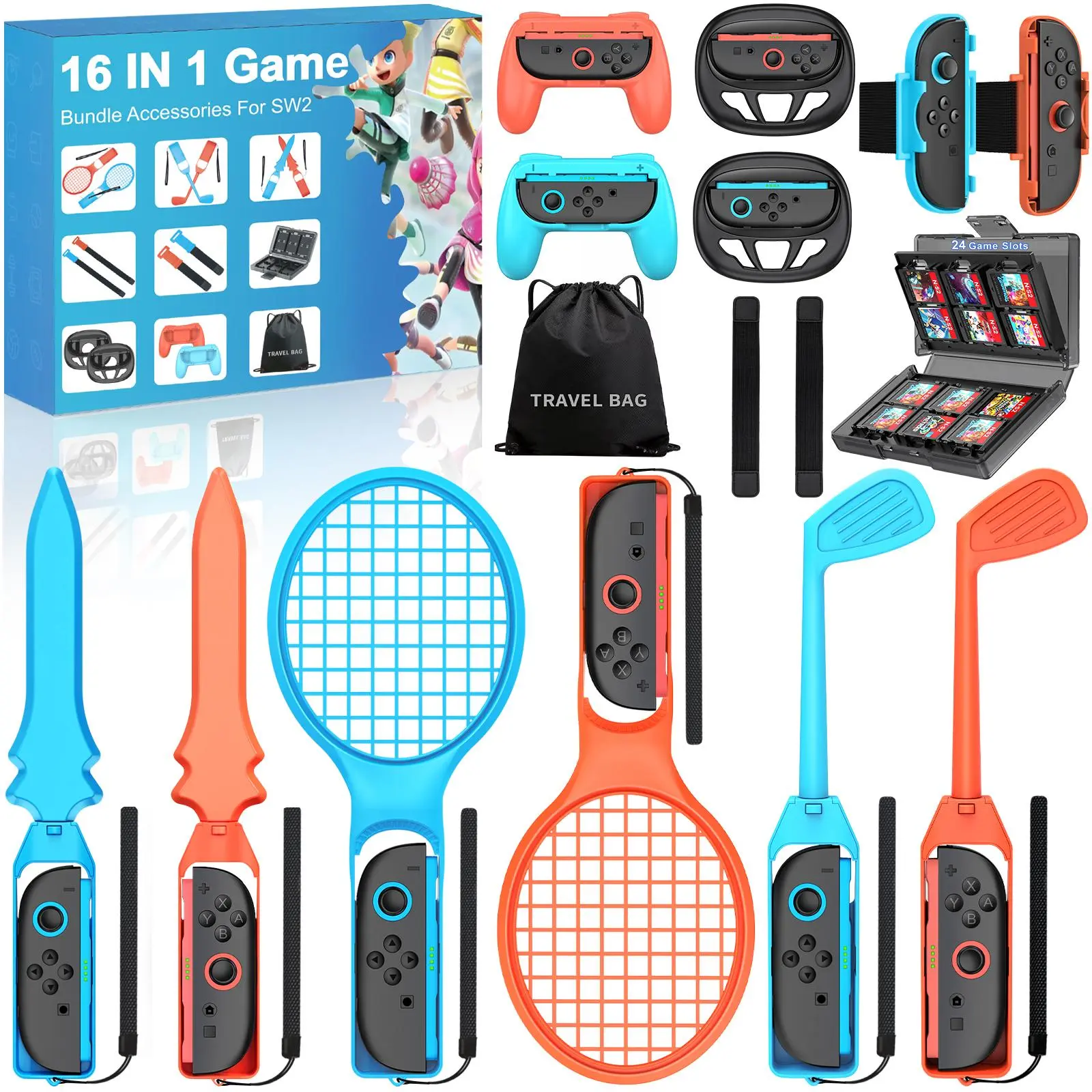 BEBONCOOL 16 in 1 Switch2 Sports Accessories Bundle for Joy-Con 2, Steering Wheels for Mario Kart World Sports Games Pack, Authentic Sport Experience, Family Party Pack Kit,Storage Bag NS Sports game