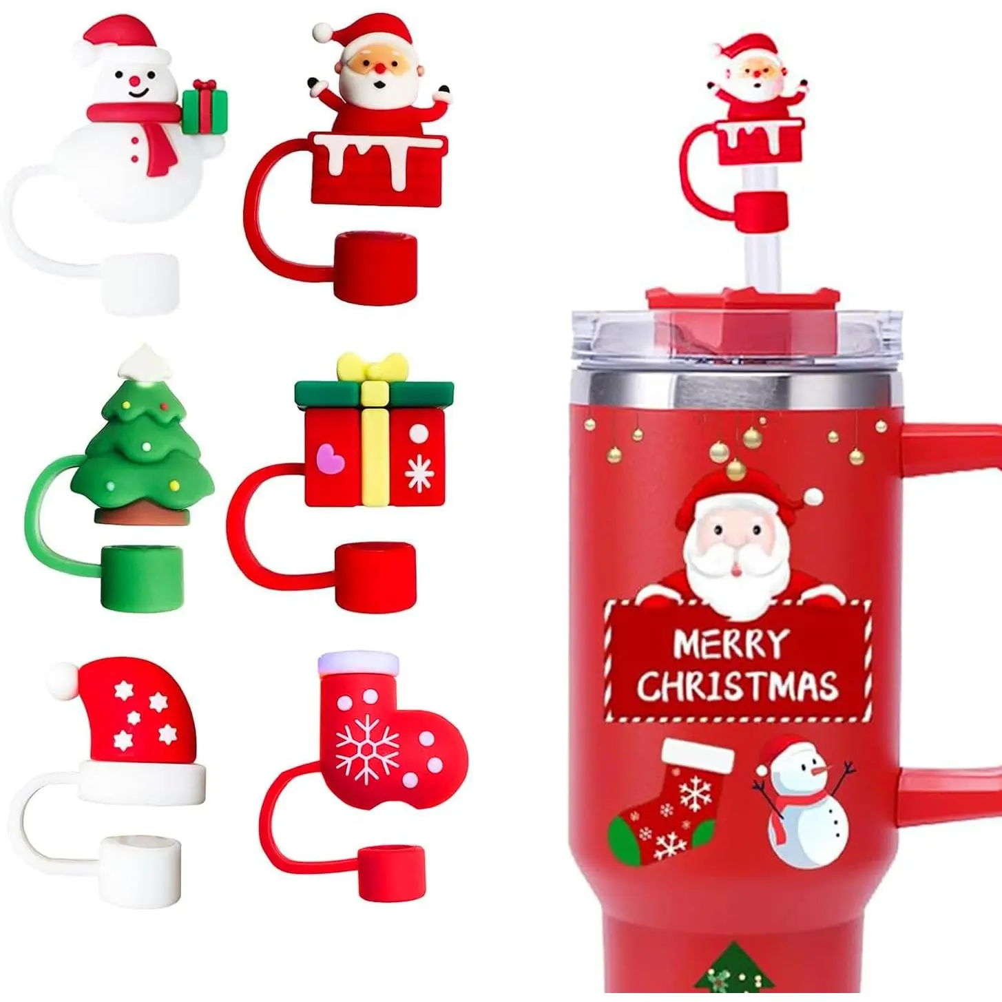 6 count  Christmas Straw Cover Cap for Cup, Straw topper decoration for 30 & 40 oz Tumbler with handles, Christmas gift for 10 mm straw head caps.