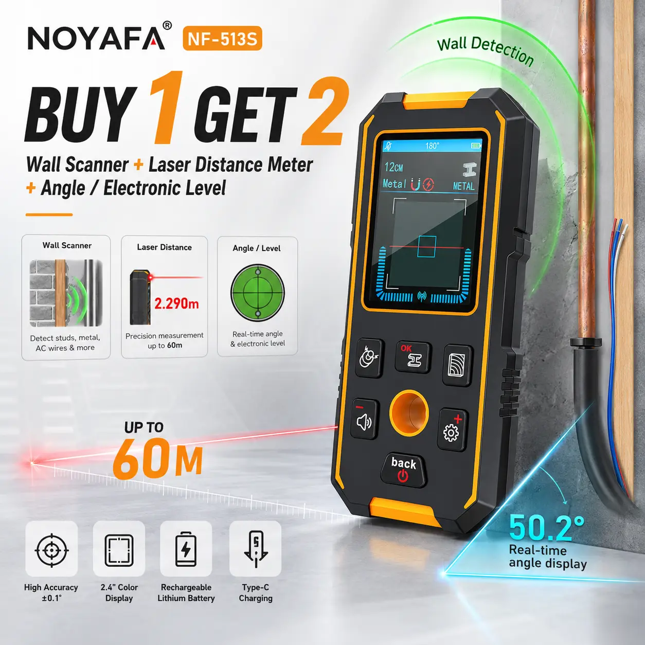 {Father Day Gift}NOYAFA NF-513S 2-in-1 Laser Distance Meter & Wall Scanner, 60M Laser Measure with Stud Finder, Wood Metal AC Wire Detection, Digital Level, Rechargeable Tool for DIY Home Improvemen