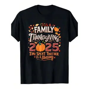 Family Thanksgiving 2025 Matching T-Shirts - Vintage Autumn Graphic Tee With Pumpkins, Leaves - Black Crew Neck Casual Shirts For Thanksgiving Dinner, Family Gatherings - Unisex Adult Sizes