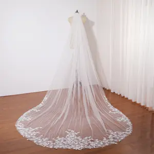 Minimalist 3D flowery lace wedding veil with pearl buds, Romantic fairy wedding veil, Handmade new designed ivory lace bridal veil, Elegant lace trim veil, One layer bridal veil with comb,  Long cathedral veil