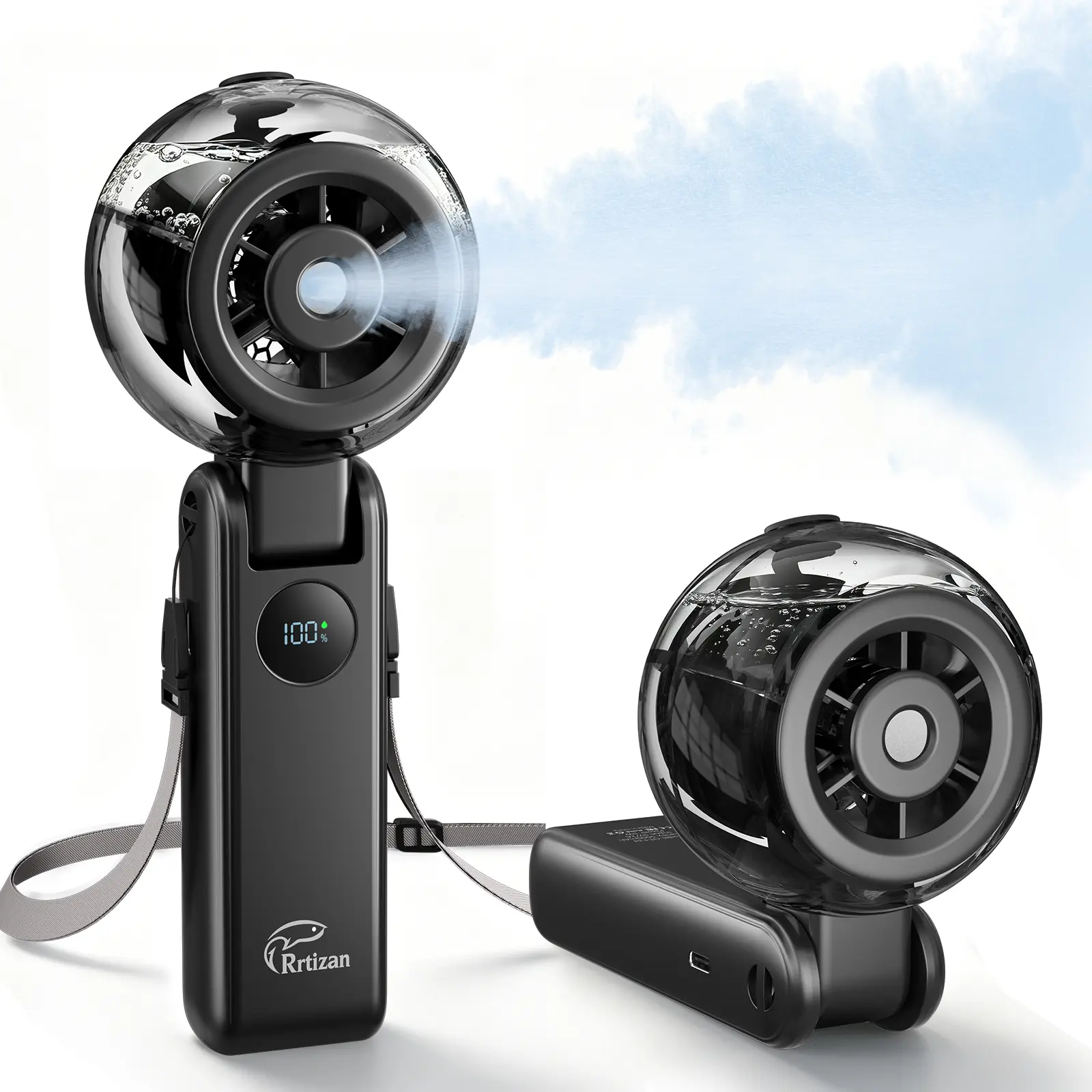 Rrtizan Portable Handheld Turbo Mist Spray Fan • Cooling • Battery Powered • 15 Hours Runtime • 100 Speed Levels • 5-in-1 Foldable • Summer Travel & Vacation Essential • For Outdoor Activities, Beach, Indoor Use, Office Desk Multifunctional Fan