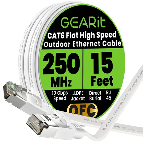 GEARit White Flat Cat6 FTP Outdoor Ethernet Cable - Oxygen-Free Cu (OFC), LLDPE Jacket, Direct Burial, 250MHz, 10Gbps Speed, Flexible, Heavy Duty, Weatherproof for Gaming, Streaming, Browsing
