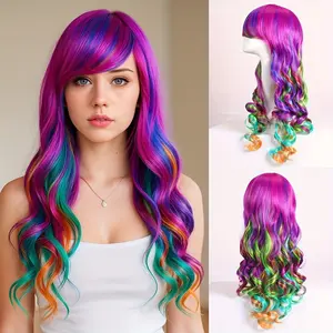 28 Inch Women's Wig with Bangs Curly Synthetic Fiber Net, Natural Comfortable Versatile Wig for Party Cosplay Daily Travel Events