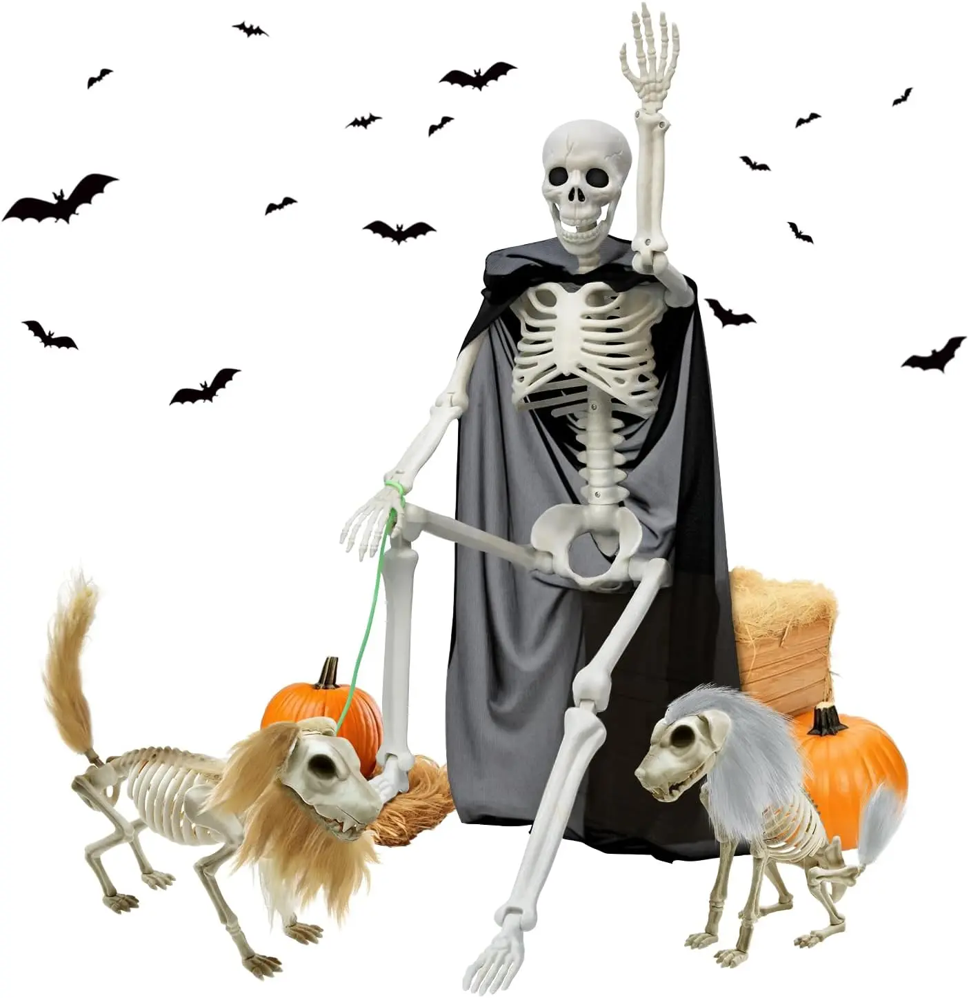 36 Inch 3-in-1 Halloween Skeleton Decorations, Posable Human, Dog & Cat Skeleton Set, Creepy Movable Plastic Joints, Spooky Decor for Party, Yard, Garden, Porch and Home