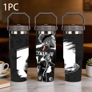 1pc 30oz portable vacuum cup, Insulated Water Bottle, with Neymar vintage illustration, black background with red and white ink splash, matte stainless steel sports cup with sealed lid and foldable handle