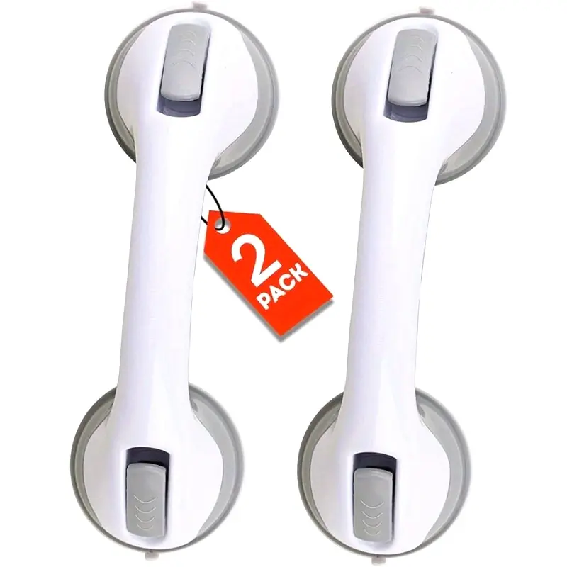 2-Pack No-Drill Suction Cup Stick Bath Safety Rail - Ergonomic Handle for Elderly, Durable Plastic Shower & Bathtub Support Bar with Modern White Design for Glass and Sliding Doors