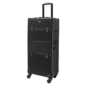 OmySalon 2 in 1 Rolling Makeup Train Case, Travel Makeup Organizer Cosmetic Display Case, Aluminum Cosmetology Supply Suitcase on Wheels, Beauty Storage Luggage Lockable w/4 Removable Wheels
