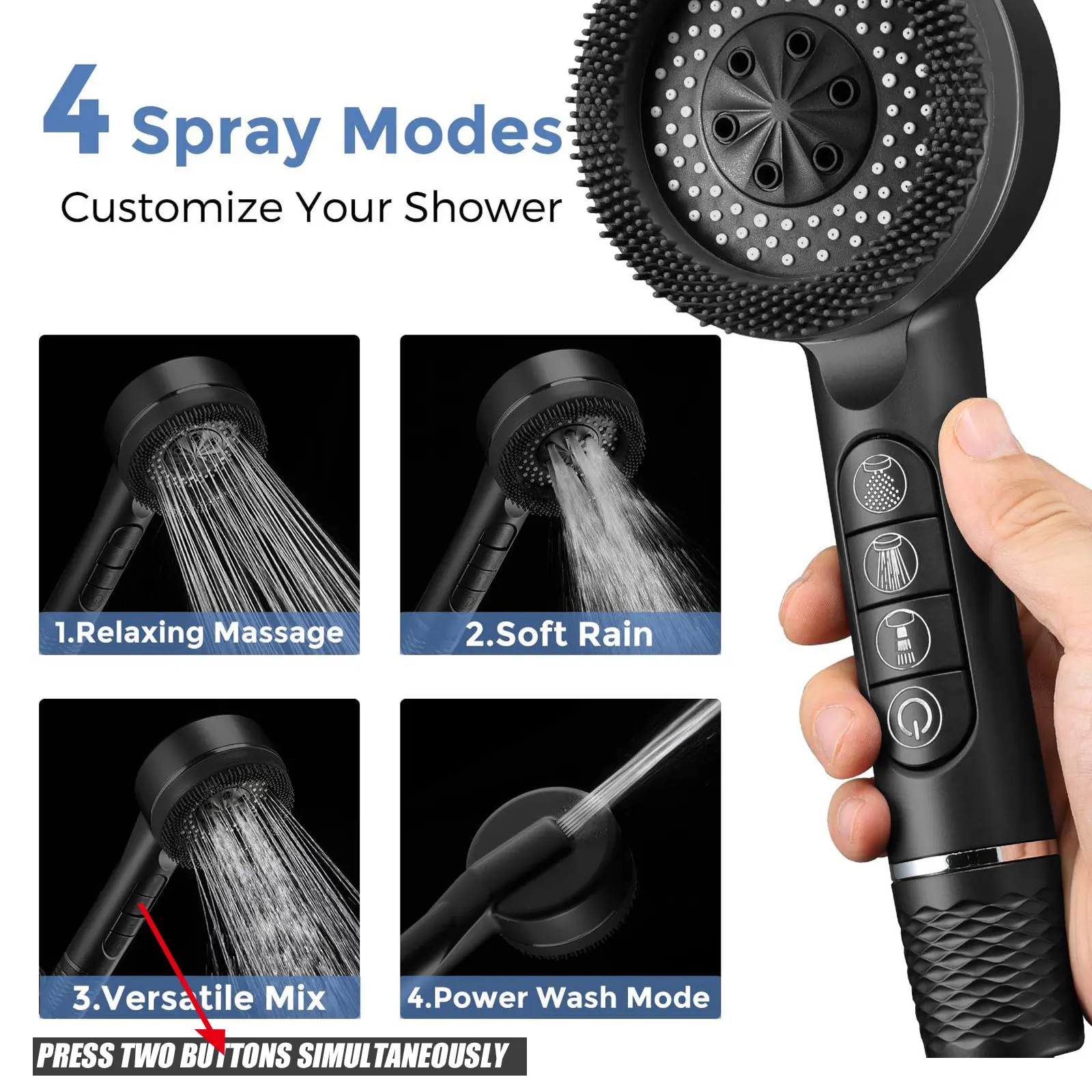 Shower Head Set, 3 Counts/set Including 4 Modes Handheld Shower Head & 1.5m Hose & Punch Free Shower Bracket, Modern Bathroom Shower Equipment, Adjustable Shower Head