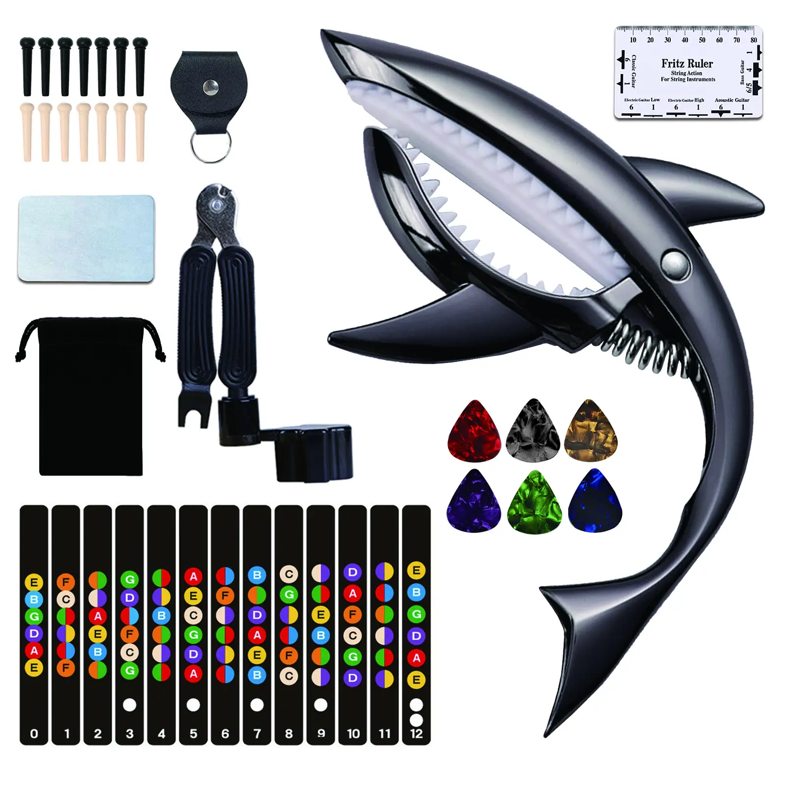 8-Piece Shark-Shaped Zinc Alloy Guitar Capo Kit - Cap Clamp for Acoustic & Electric Guitars, Includes Guitar Picks, Fretboard Stickers, Cleaning Cloth, String Winder Cutter, Pick Case, Bridge Pins