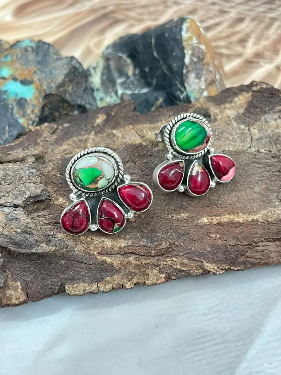 Handmade Sterling Silver Christmas Dahlia Collection: Post Studs Earrings Signed Nizhoni