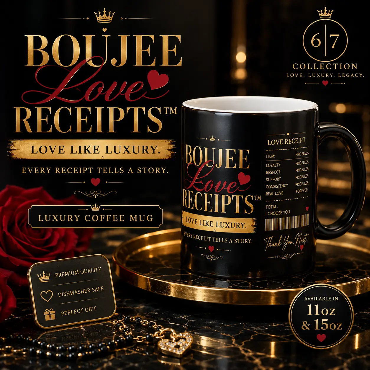 Boujee Love Receipts™ Luxury Coffee Mug | 6|7 Collection™ | Black & Gold Ceramic | 11 oz