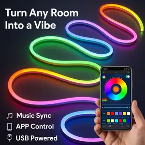 5M RGBIC,Neon Light Strip, Bluetooth APP Controlled LED Mood Lighting with Music Sync & Remote Control, USB Powered Lights for Bedroom, Gaming Room & Party Decor