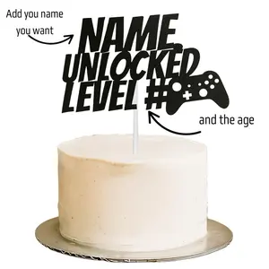 Gamer Birthday Cake Topper – "Name Unlocked Level #" Custom Controller Design – Video Game Party Decoration for Boys, Teens, and Adults
