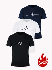 Men's Fashion Line Pattern Print T-Shirt Set, Menswear, Breathable Comfort Short Sleeve, Round Neck, Outdoor Casual Style, Durable Structure, Youthful Vintage Look