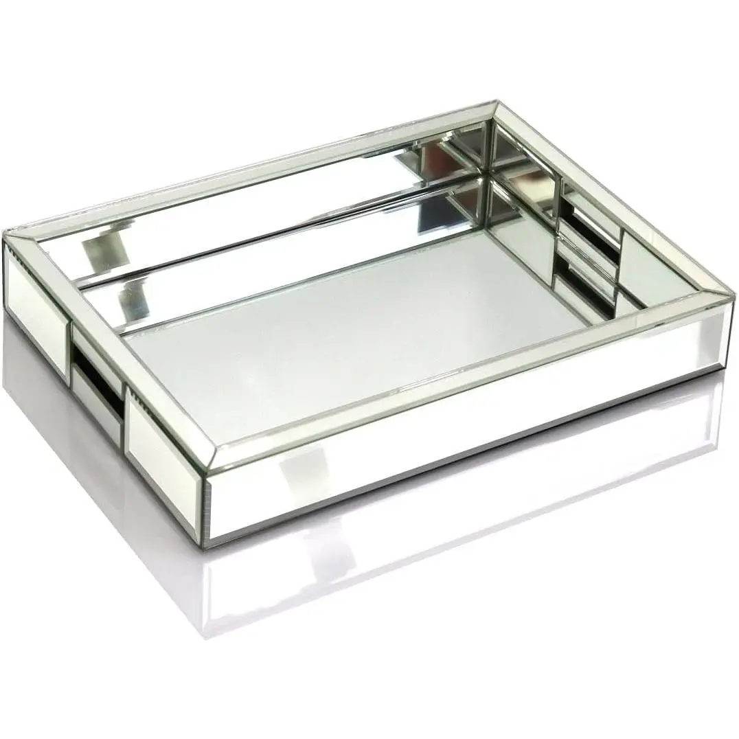 Rectangle Silver Mirror Decorative Tray Size 11" Length x 14" Width x 2" Height, Mirrored Vanity Organizer with Hand, Markup Perfume Jewelry Tray for Bathroom Bedroom Dresser Coffee Table