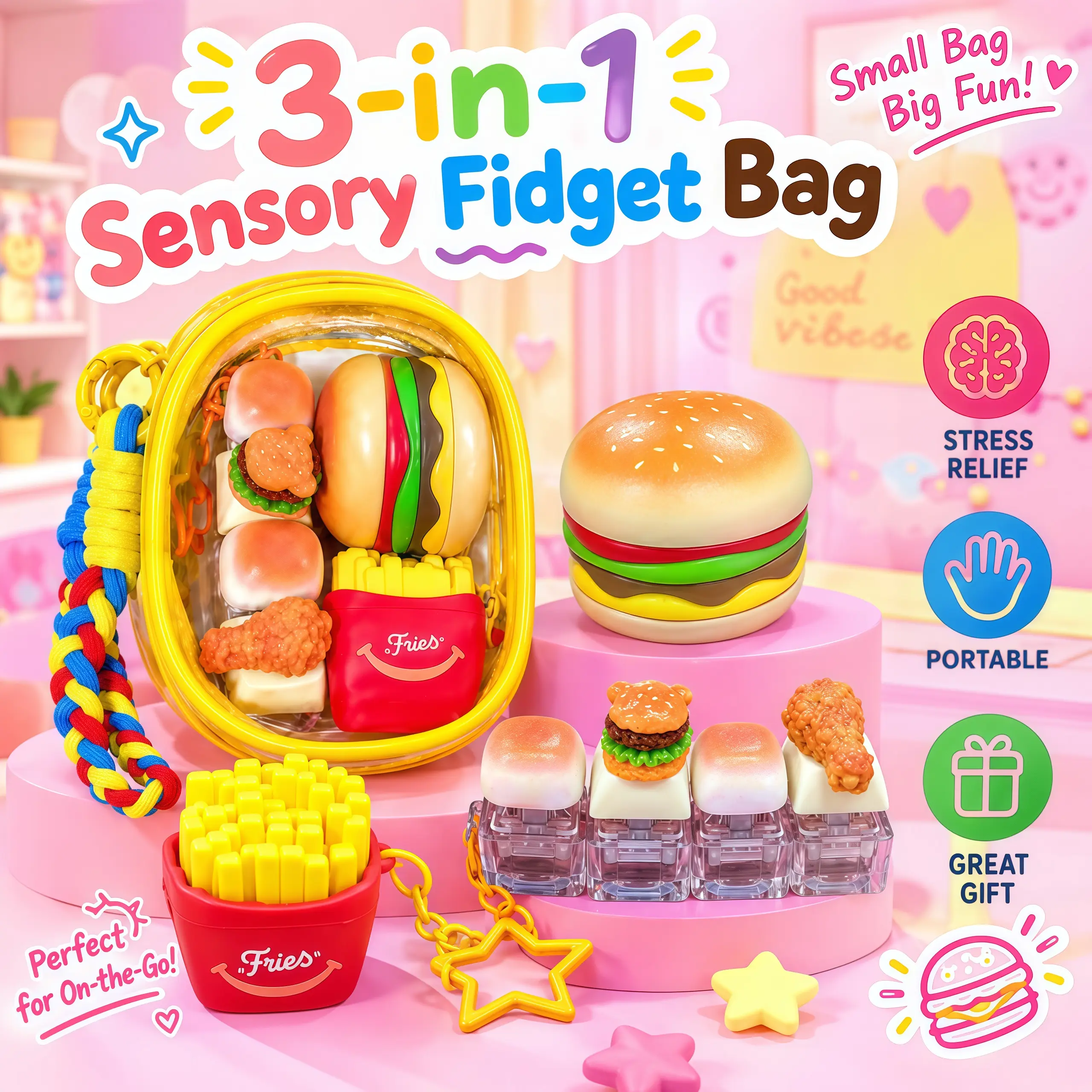 3-in-1 Sensory Fidget Toys Bag, Food-Themed Fidget Set for Kids & Adults, Portable Stress Relief Toy for Travel, School & Desk, Halloween Gift, Christmas Gift, Stocking Stuffer, Party Favor, Birthday Gift,squishies  slime crunchy squishy