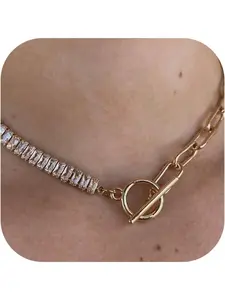Gold Necklaces for Women,Layered Gold Necklaces Non Tarnish,14K Gold Plated Dainty Gold Necklace Stack,Cuban Link Paperclip Chain Toggle Clasp Necklace Fashion Waterproof Gold Jewelry for Women