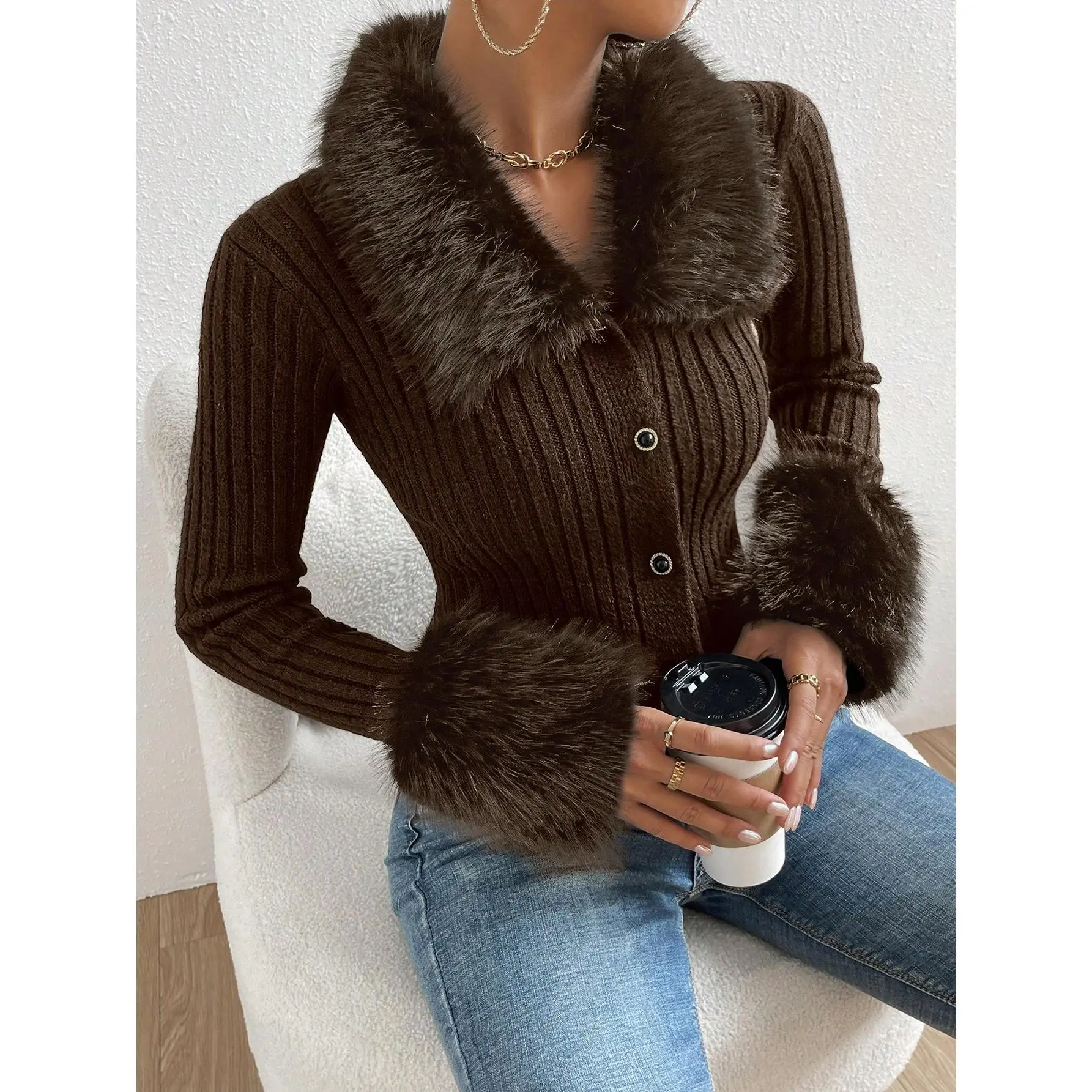 Women's Borg Collar Fuzzy Cuff Knitwear - Lightweight Comfy Twist Long-Sleeve Cardigan, Day Wear for Fall Winter, Longsleeves, Soft, Chic, Casual, Low‑Pilling Knit