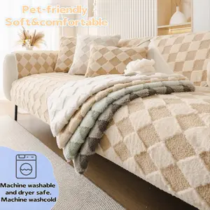 1PC Plush Checkered Sofa Cover, Sofa Slipcover, Soft & Comfortable Couch Cover, Pet-Friendly Anti-Scratch Couch Seat Cover, Non-Slip Machine Washable Sofa Protector for Dogs & Kids, Fits 1/2/3/4-Seater, Sectional & Living Room Sofa