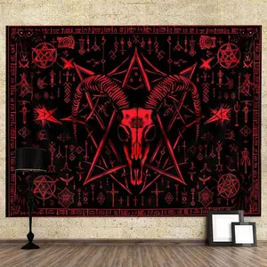 Goat Head Gothic Tapestry, Pentagram Devil Demon Symbol Tapestries, Mysterious Red Tapestry Wall Hanging for Living Room Bedroom College Dorm 60X40 inch