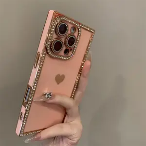 [KQ]IP17promax/AirHeart-Shaped Diamond-Encrusted Square IP16 Women'S Phone Case With Lens Protector For 15 Pro Max 13/14/12 Shockproof Customized Protective Casing Cover Protection Cellphone Smartphone
