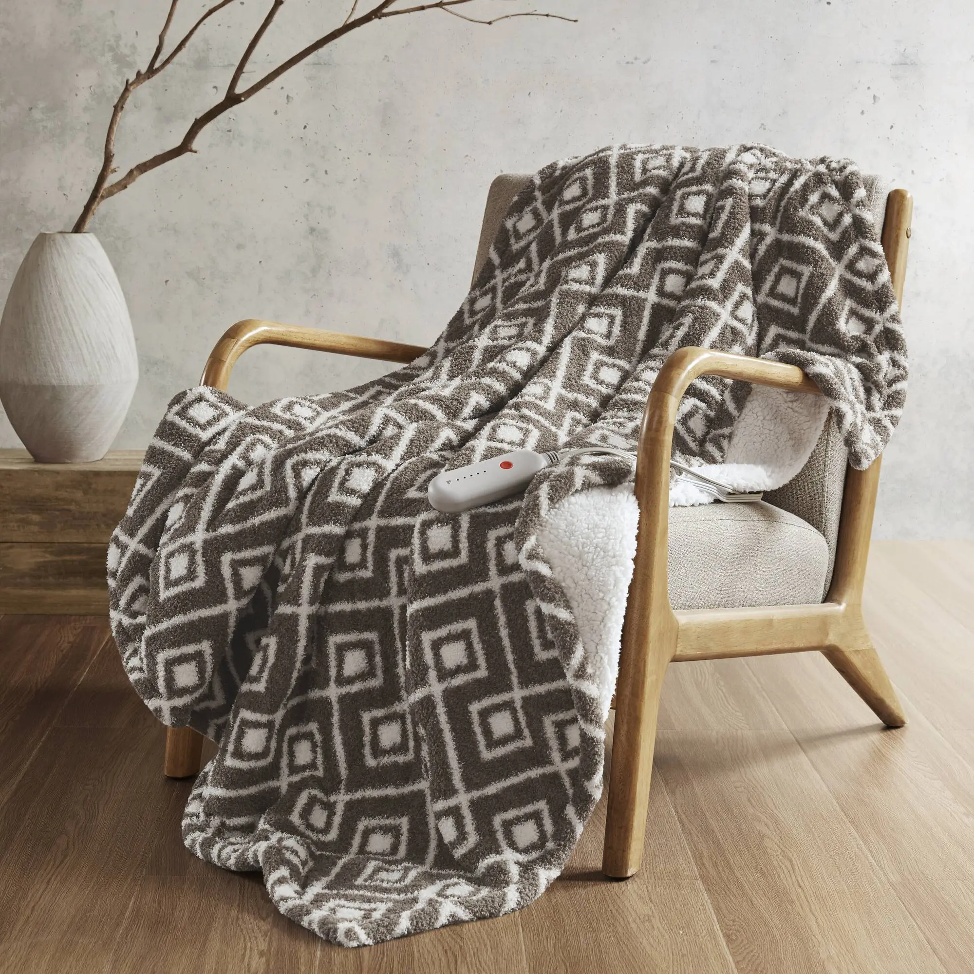 50x60 Inch Electric Heated Throw Blanket with Plush Fleece and Sherpa, Brown Geometric Pattern, Overheat Protection, Machine Washable, 1 Piece