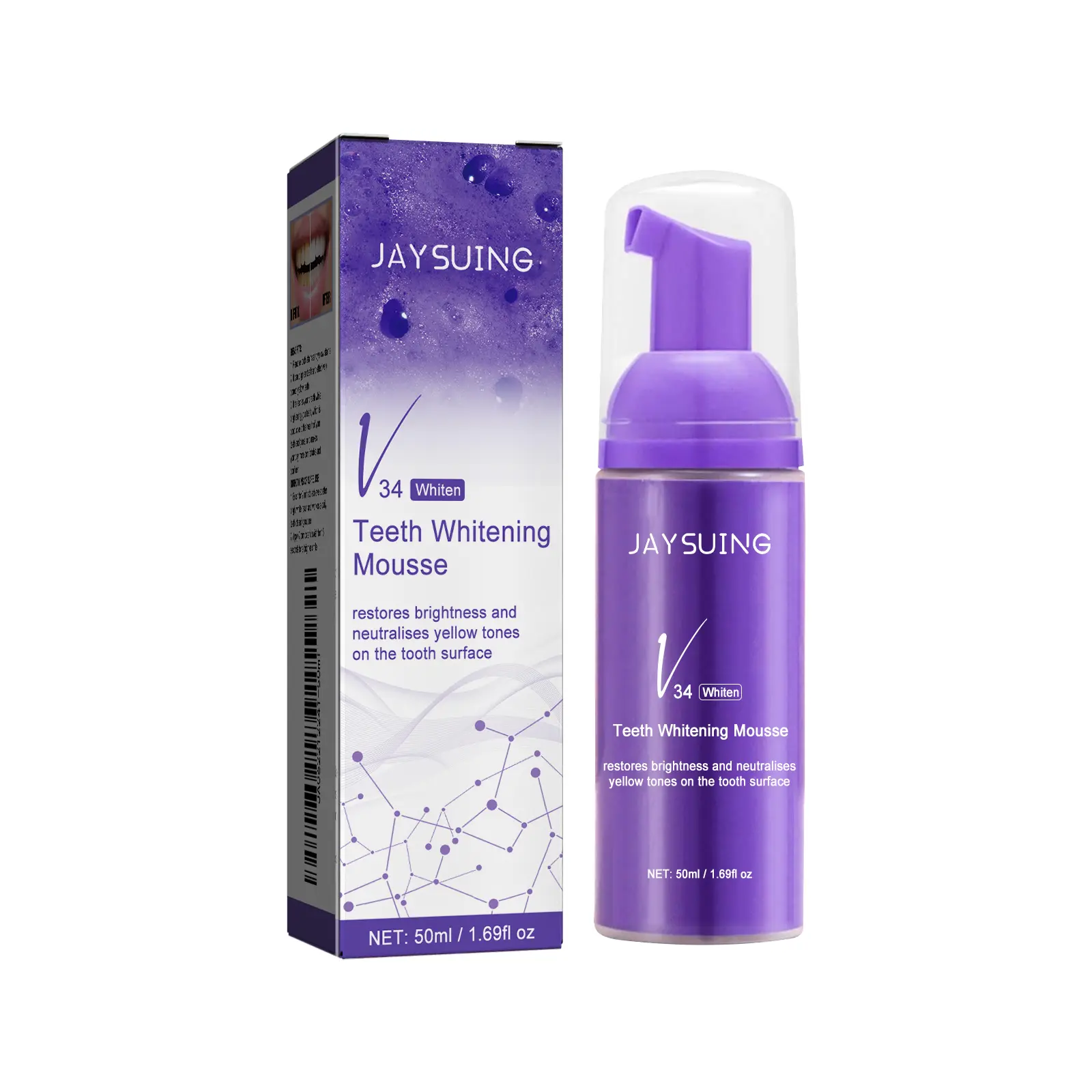 V34 Purple Color Corrector Foam Teeth Brightener, 50ml Brighten Teeth Toothpastes with Brush, Cloud-Like Mild Gentle Oral Care, Deep Clean Toothpastes Plaque Remover for Daily Office Use, Freshness Single Lightweight Beauty Product