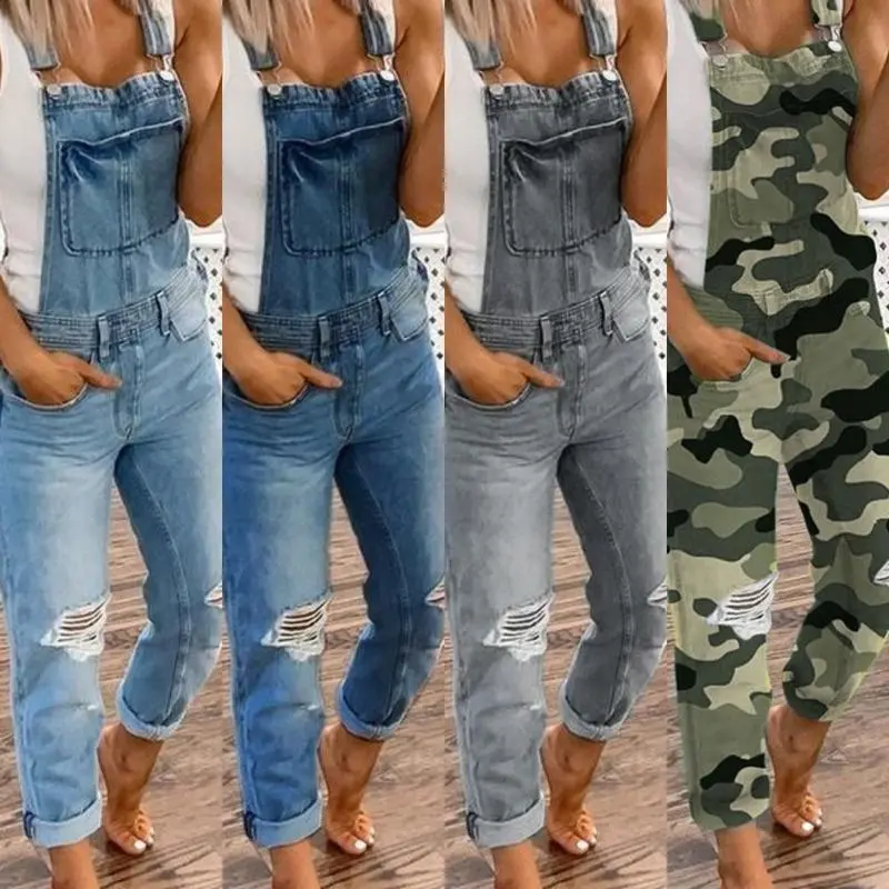 Women's Ripped  Bib Overalls Adjustable Straps Pockets Jean Rompers Casual Jeans Fit Jumpsuits   Style Sports Double Shoulder Strap Ripped  Jumpsuit Women's Casual Wear Dungarees Comfort rompers women romper Chunky Fabric Womenswear Black