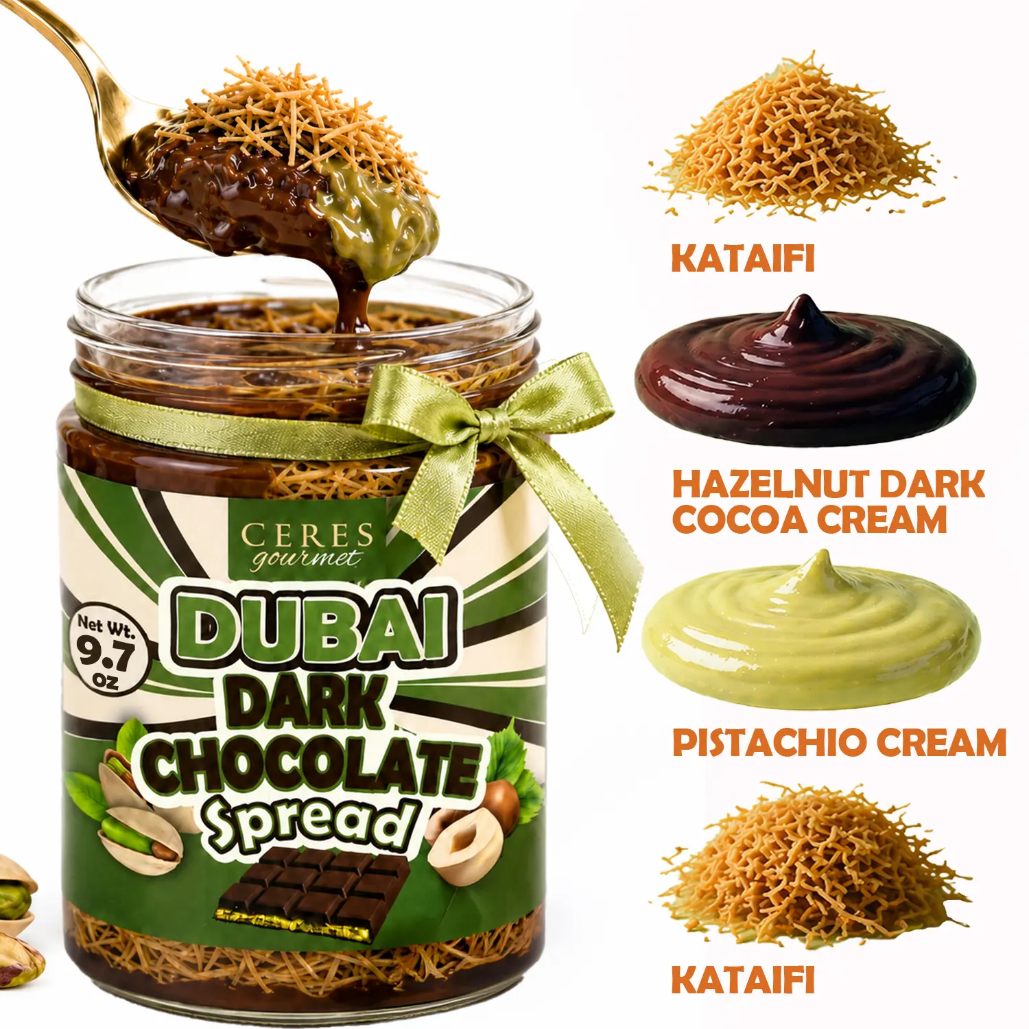 Dark Dubai Chocolate Spread 9.7 oz – Dark Chocolate & Pistachio Cream with Crispy Kataifi | Viral Gourmet Dubai Chocolate Jar | Perfect Gift